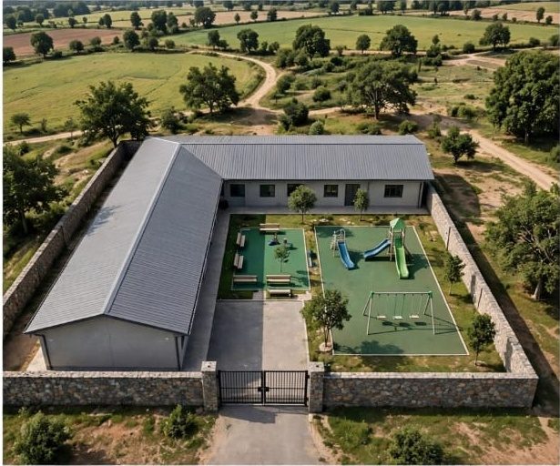Concept illustration of a proposed single-storey training centre with a walled compound, seen from above.